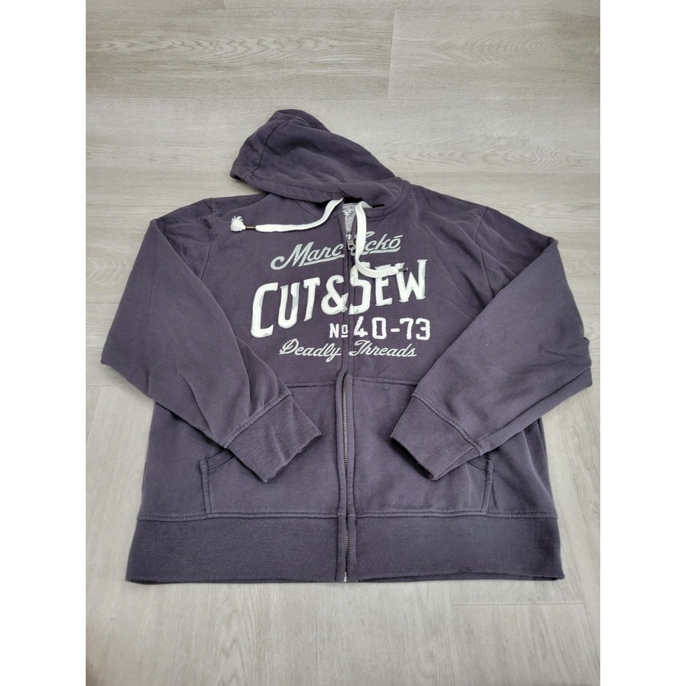 Marc Ecko Cut‎ & Sew Hoodie Men's XL Gray White Logo Full Zip Fleece Lined